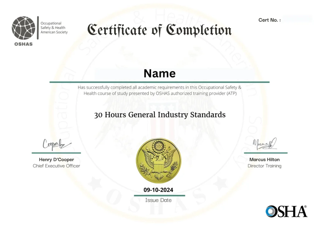 OSHA 30 Hours General Industry Certificate